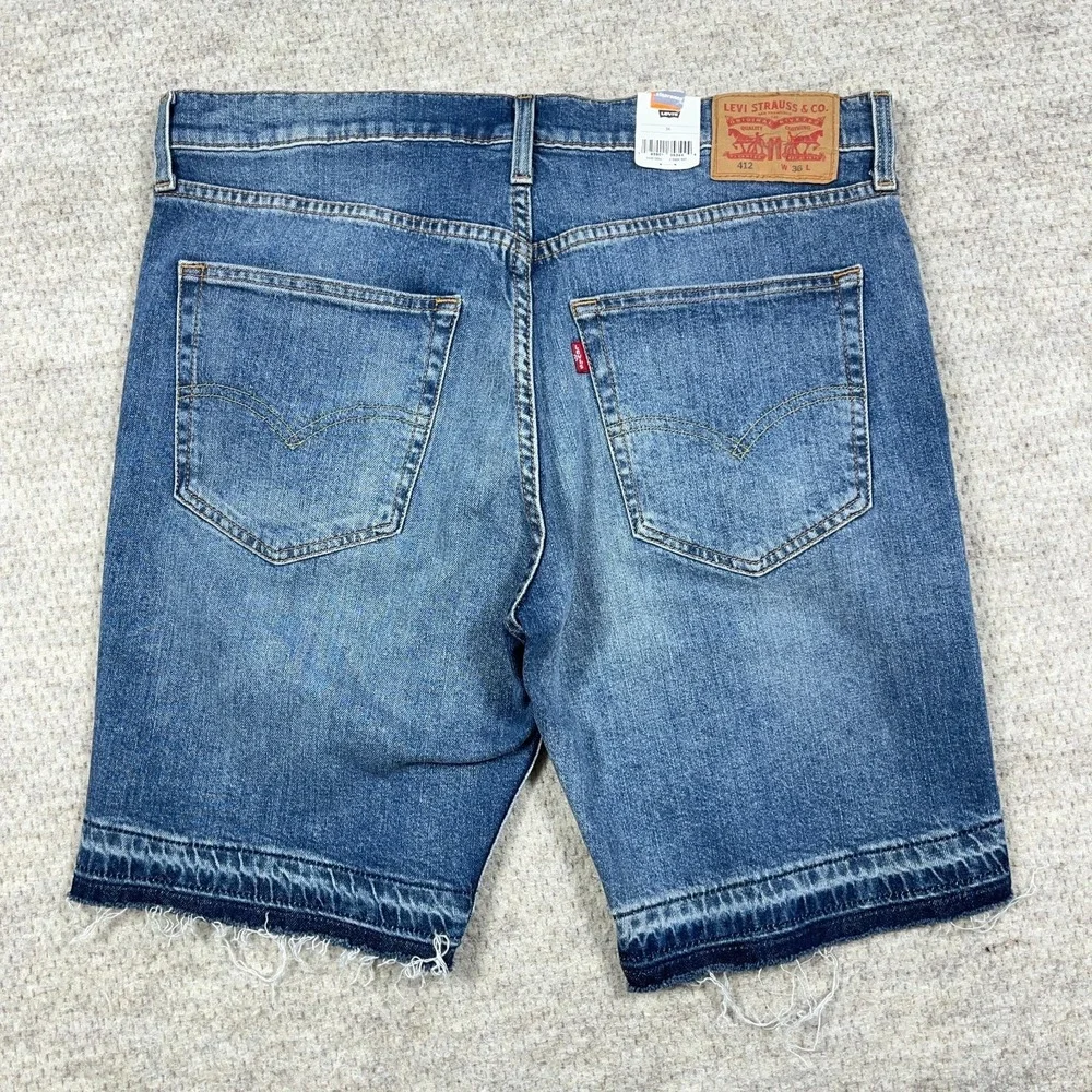 Levis 412 Shorts Men 36 Slim Fit Blue Jean Jorts Med Wash Faded Distressed Hole